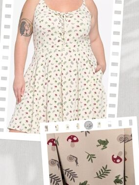 Hot Topic Plus Size 4 Cream Mini Dress, Lace Up Front, Mushrooms, Snails, Frogs
